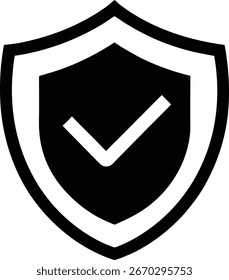 Ein schwarzer Schirmumriss mit einem weißen Rahmen, der einen schwarzen Schirm mit einem weißen Häkchen enthält. Sie steht für Sicherheit, Sicherheit und Verifizierung.