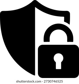 Um escudo preto e um ícone de cadeado em um fundo branco puro, simbolizando segurança, proteção e privacidade com um design simples e moderno