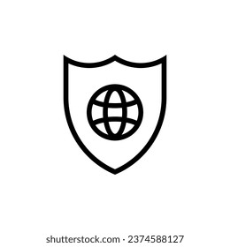 Schwarzer Schild mit Planet-Symbol. Globaler Schutz durch sichere Kommunikation und Geschäftstransaktionen mit Finanzvektorströmen
