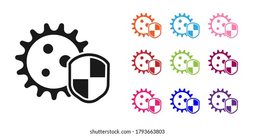 Black Shield protecting from virus, germs and bacteria icon isolated on white background. Immune system concept. Corona virus 2019-nCoV. Set icons colorful. Vector Illustration