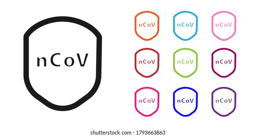 Escudo negro que protege contra virus, gérmenes e ícono de bacterias aislados en fondo blanco. Concepto de sistema inmune. Virus Corona 2019-nCoV. Indique los iconos en colores. Ilustración vectorial