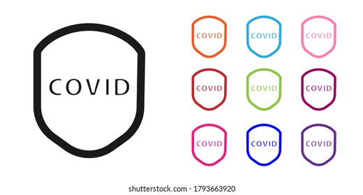 Escudo negro que protege contra virus, gérmenes e ícono de bacterias aislados en fondo blanco. Concepto de sistema inmune. Virus Corona covid-19. Indique los iconos en colores. Ilustración vectorial