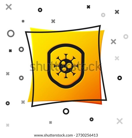 Black Shield protecting from virus, germs and bacteria icon isolated on white background. Immune system concept. Corona virus 2019-nCoV. Yellow square button. Vector