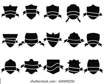 black shield and ribbon icons set