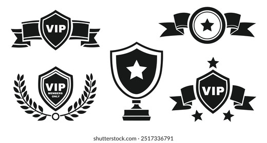 Black shield with ribbon. Simple Shield Icon Flat Style Vector. VIP members badge vector silhouette. Sheild silhouette vector.