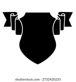 Escudo preto com fitas laminadas, silhueta de emblema heráldico para segurança, proteção, prêmios e design de logotipo vintage