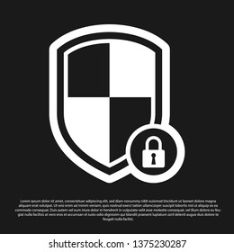 Black Shield security with lock icon isolated on black background. Protection, safety, password security. Firewall access privacy sign. Vector Illustration