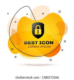 Black Shield security with lock icon isolated on white background. Protection, safety, password security. Firewall access privacy sign. Fluid color banner. Vector Illustration