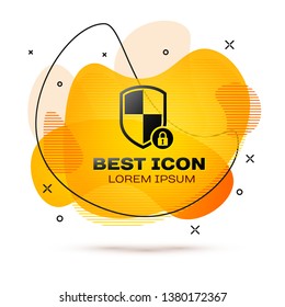Black Shield security with lock icon isolated on white background. Protection, safety, password security. Firewall access privacy sign. Fluid color banner. Vector Illustration