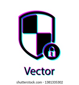 Black Shield security with lock icon isolated on white background. Protection, safety, password security. Firewall access privacy sign. Vector Illustration