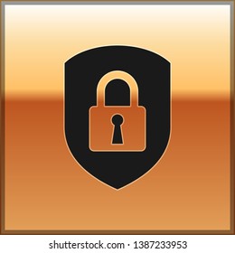 Black Shield security with lock icon isolated on gold background. Protection, safety, password security. Firewall access privacy sign. Vector Illustration