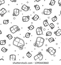 Black Shield security with lock icon isolated seamless pattern on white background. Protection, safety, password security. Firewall access privacy sign. Vector Illustration