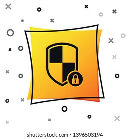 Black Shield security with lock icon isolated on white background. Protection, safety, password security. Firewall access privacy sign. Yellow square button. Vector Illustration