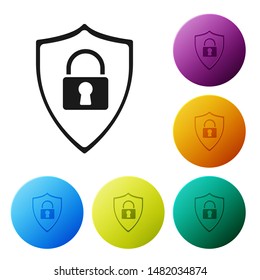 Black Shield security with lock icon isolated on white background. Protection, safety, password security. Firewall access privacy sign. Set icons colorful circle buttons. Vector Illustration