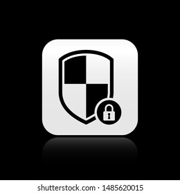 Black Shield security with lock icon isolated on black background. Protection, safety, password security. Firewall access privacy sign. Silver square button. Vector Illustration