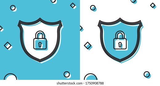 Seguridad del Escudo Negro con icono de bloqueo aislado en fondo azul y blanco. Protección, seguridad, seguridad de contraseña. Firma de privacidad de acceso al cortafuegos. Formas dinámicas aleatorias. Ilustración vectorial