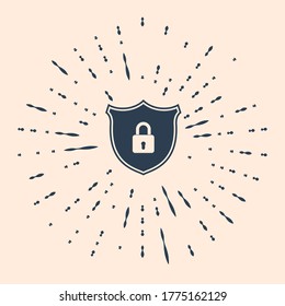Black Shield security with lock icon isolated on beige background. Protection, safety, password security. Firewall access privacy sign. Abstract circle random dots. Vector Illustration