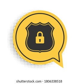 Black Shield security with lock icon isolated on white background. Protection, safety, password security. Firewall access privacy sign. Yellow speech bubble symbol. Vector.