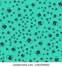 Black Shield security with lock icon isolated seamless pattern on green background. Protection, safety, password security. Firewall access privacy sign.  Vector