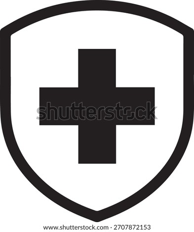 A black shield shape contains a white plus sign, representing medical protection and safety.