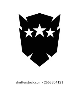 Eine schwarze Schildform mit drei weißen Sternen, die horizontal über der Mitte auf weißem Hintergrund angeordnet sind.