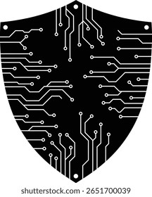 Black shield shape with white circuit board pattern inside silhouette