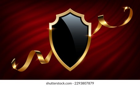 Black shield with shiny gold frame, golden ribbon on red curtains vector illustration. 3D realistic medieval royal emblem of glory with glass coat, luxury heraldry shield for defence of champion guard