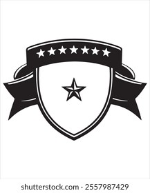 Black Shield with a Star and Elegant Ribbon Vector
