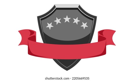 A Black shield with stars and with a red ribbon isolated on white background.