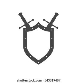 Black shield and swords in flat design. Shield and sword icon. Vector illustration.