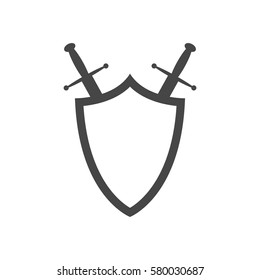 Black shield and swords in flat design. Shield and sword icon. Vector illustration.