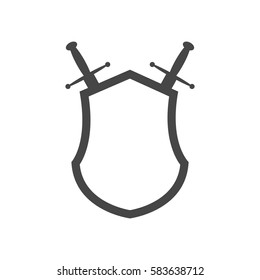 Black shield and swords in flat design. Shield and sword icon. Vector illustration.
