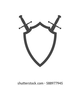 Black shield and swords in flat design. Shield and sword icon. Vector illustration.