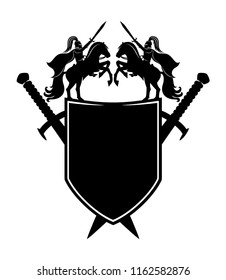 Black shield and swords on a white background.