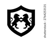 a black shield with two lions facing each other, suitable for security, protection, or heraldry concepts in marketing, advertising, or educational materials