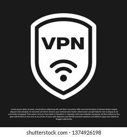 Black Shield with VPN and wifi wireless internet network symbol icon isolated on black background. VPN protect safety concept. Vector Illustration