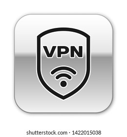 Black Shield with VPN and wifi wireless internet network symbol icon isolated on white background. VPN protect safety concept. Silver square button. Vector Illustration