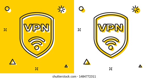 Black Shield with VPN and wifi wireless internet network symbol icon isolated on yellow and white background. VPN protect safety concept. Random dynamic shapes. Vector Illustration