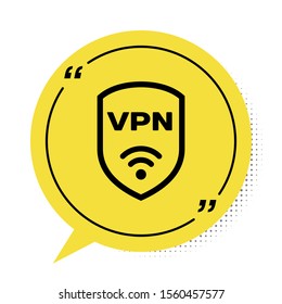 Black Shield with VPN and wifi wireless internet network symbol icon isolated on white background. VPN protect safety concept. Yellow speech bubble symbol. Vector Illustration