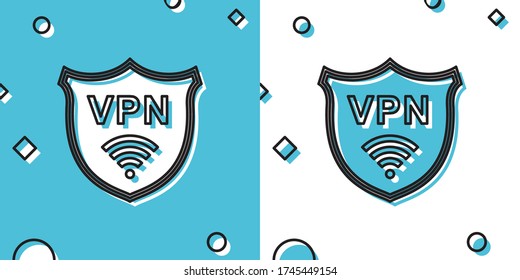 Black Shield with VPN and WiFi wireless internet network symbol icon on blue and white background. VPN protect safety . Virtual private network for security. Random dynamic shapes. Vector Illustration