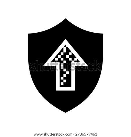 Black shield with white arrow icon and checkered pattern