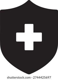 A black shield with a white cross symbol in the center isolated on white background, illustration
