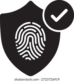 Escudo negro con huella digital blanca y símbolo de marca de verificación verificación de identidad de protección de seguridad