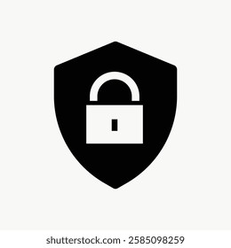 Black shield with a white padlock icon symbolizes security and protection. Security and protection are emphasized by the padlock and shield design. Vector isolated on white.