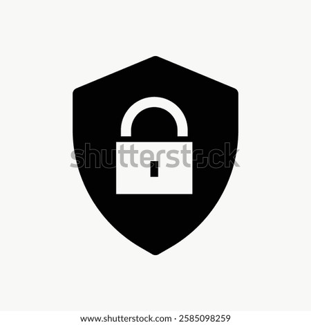 Black shield with a white padlock icon symbolizes security and protection. Security and protection are emphasized by the padlock and shield design. Vector isolated on white.