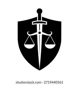 Escudo negro com espada branca e escamas da justiça simbolizando a lei e o equilíbrio