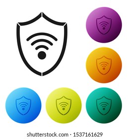 Black Shield with WiFi wireless internet network symbol icon isolated on white background. Protection safety concept. Set icons colorful circle buttons. Vector Illustration