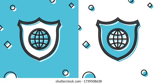 Black Shield with world globe icon isolated on blue and white background. Security, safety, protection, privacy concept. Random dynamic shapes. Vector Illustration