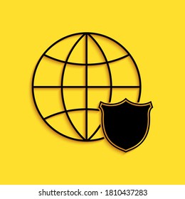 Black Shield with world globe icon isolated on yellow background. Security, safety, protection, privacy concept. Long shadow style. Vector.