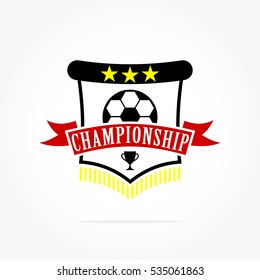 black shield with yellow lace bellow and stars, with a soccer ball logo on it and red ribbon for soccer club or football championship logo vector